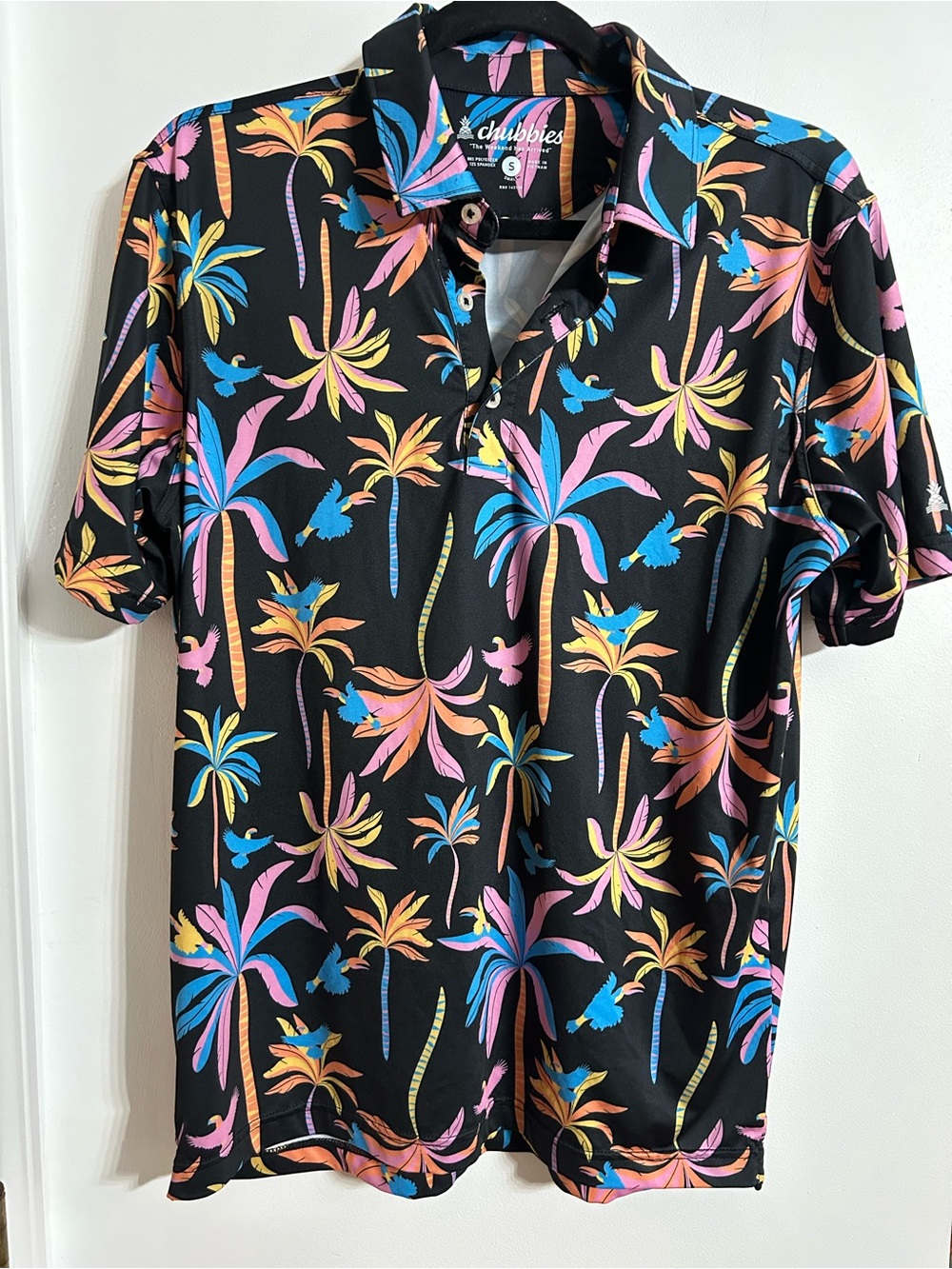 chubbies Black Polo with Pink, Blue, Yellow & Orange Tropical Palm Print